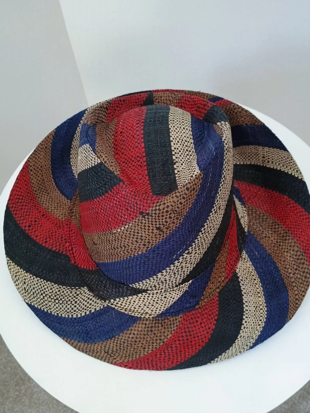 Lightweight raffia fedora hat made in Madagascar, red, blue